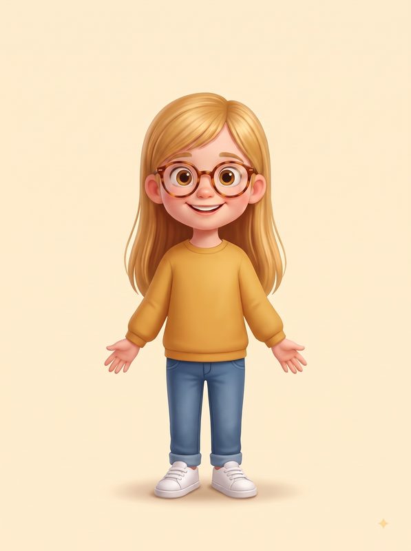 Personaje de niña rubia, con gafas