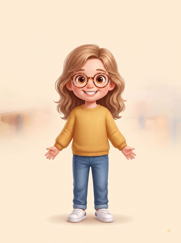 Personaje de niña castaña, con gafas