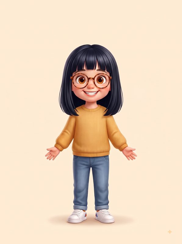 Personaje de niña morena de pelo negro, con gafas