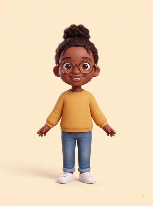 Personaje de niña de piel oscura con moño rizado, con gafas