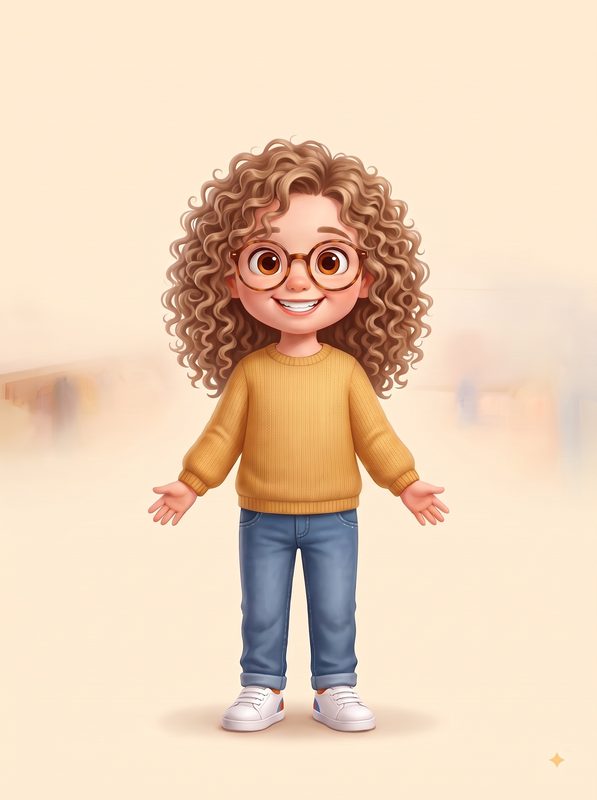 Personaje de niña de pelo rizado y piel clara, con gafas