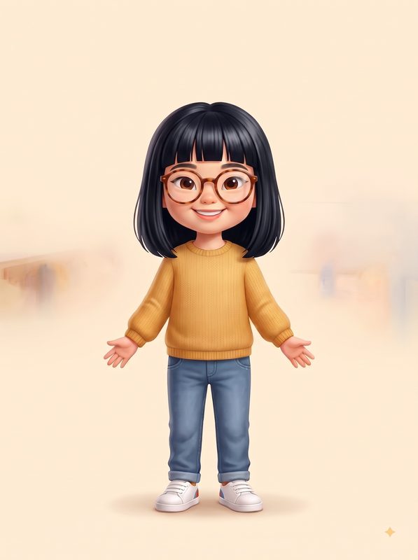 Personaje de niña de rasgos asiáticos, con gafas