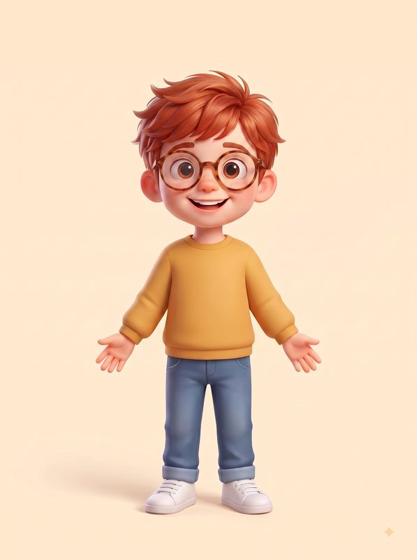 Personaje de niño pelirrojo con pecas, con gafas