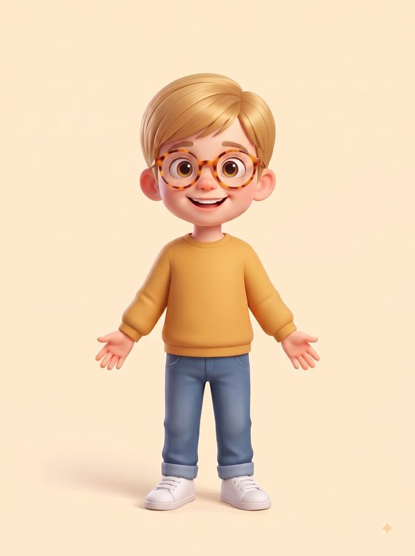 Personaje de niño rubio, con gafas