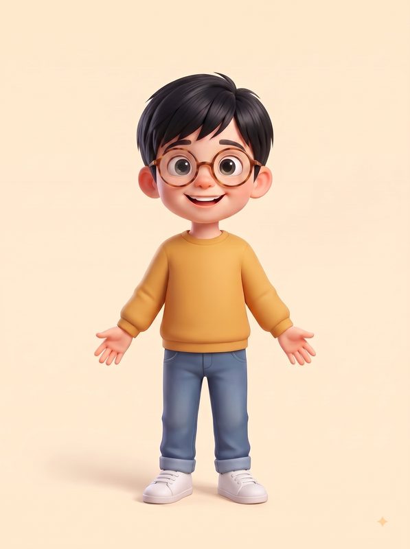 Personaje de niño moreno de pelo negro, con gafas