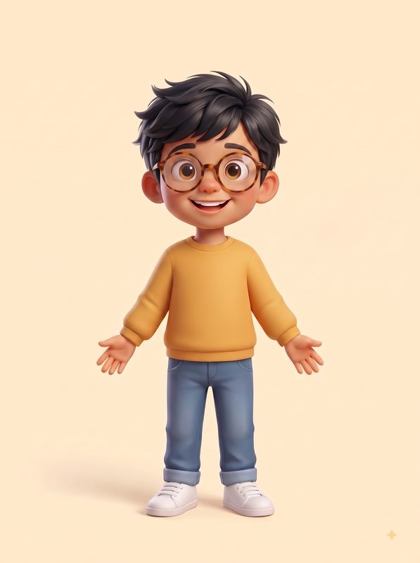 Personaje de niño de piel morena y pelo negro, con gafas