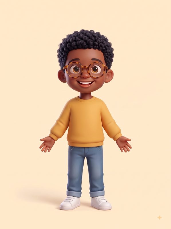 Personaje de niño de piel oscura y pelo rizado, con gafas