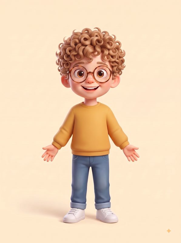 Personaje de niño de pelo rizado y piel clara, con gafas
