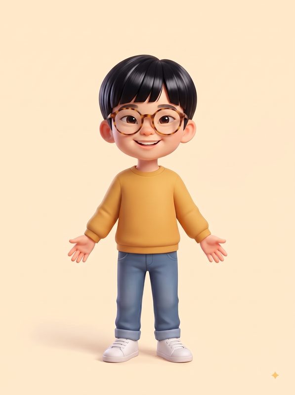 Personaje de niño de rasgos asiáticos, con gafas