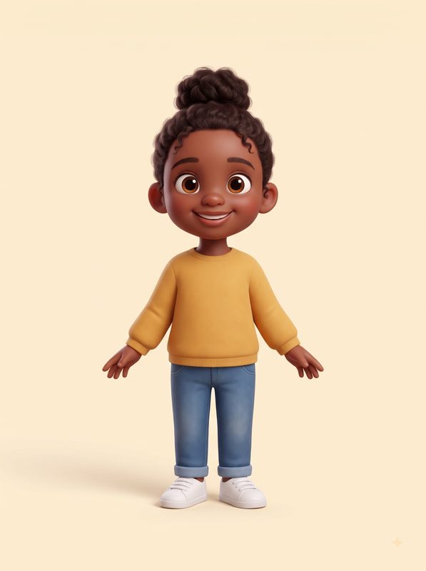 Personaje de niña de piel oscura con moño rizado