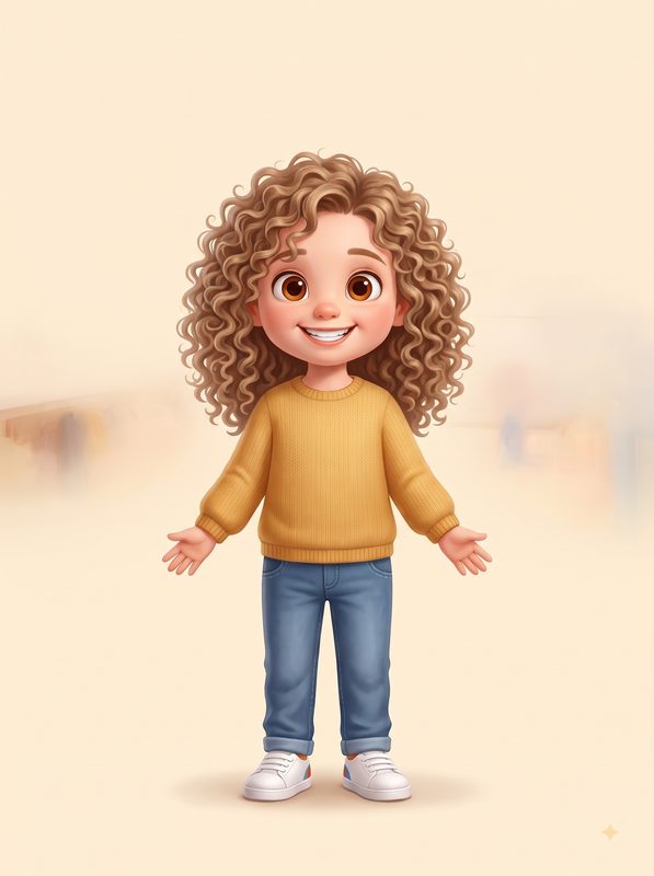 Personaje de niña de pelo rizado y piel clara