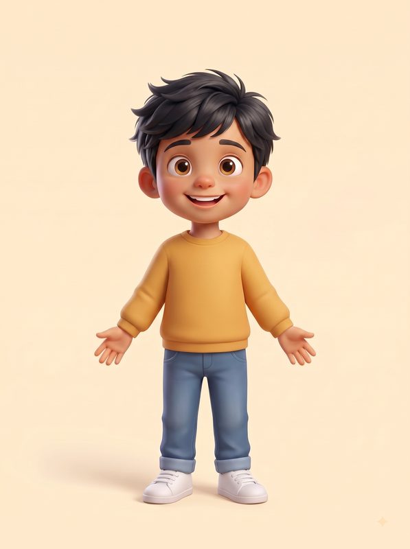 Personaje de niño de piel morena y pelo negro