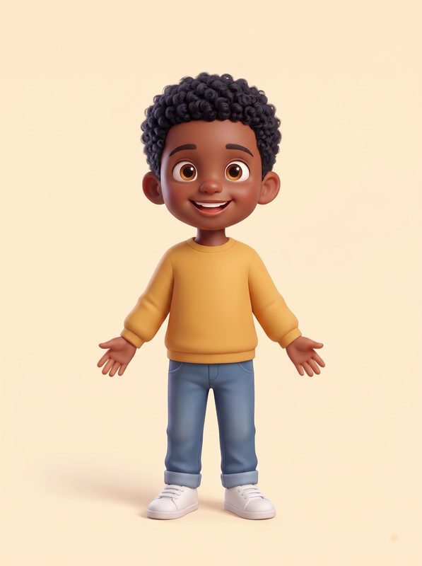Personaje de niño de piel oscura y pelo rizado