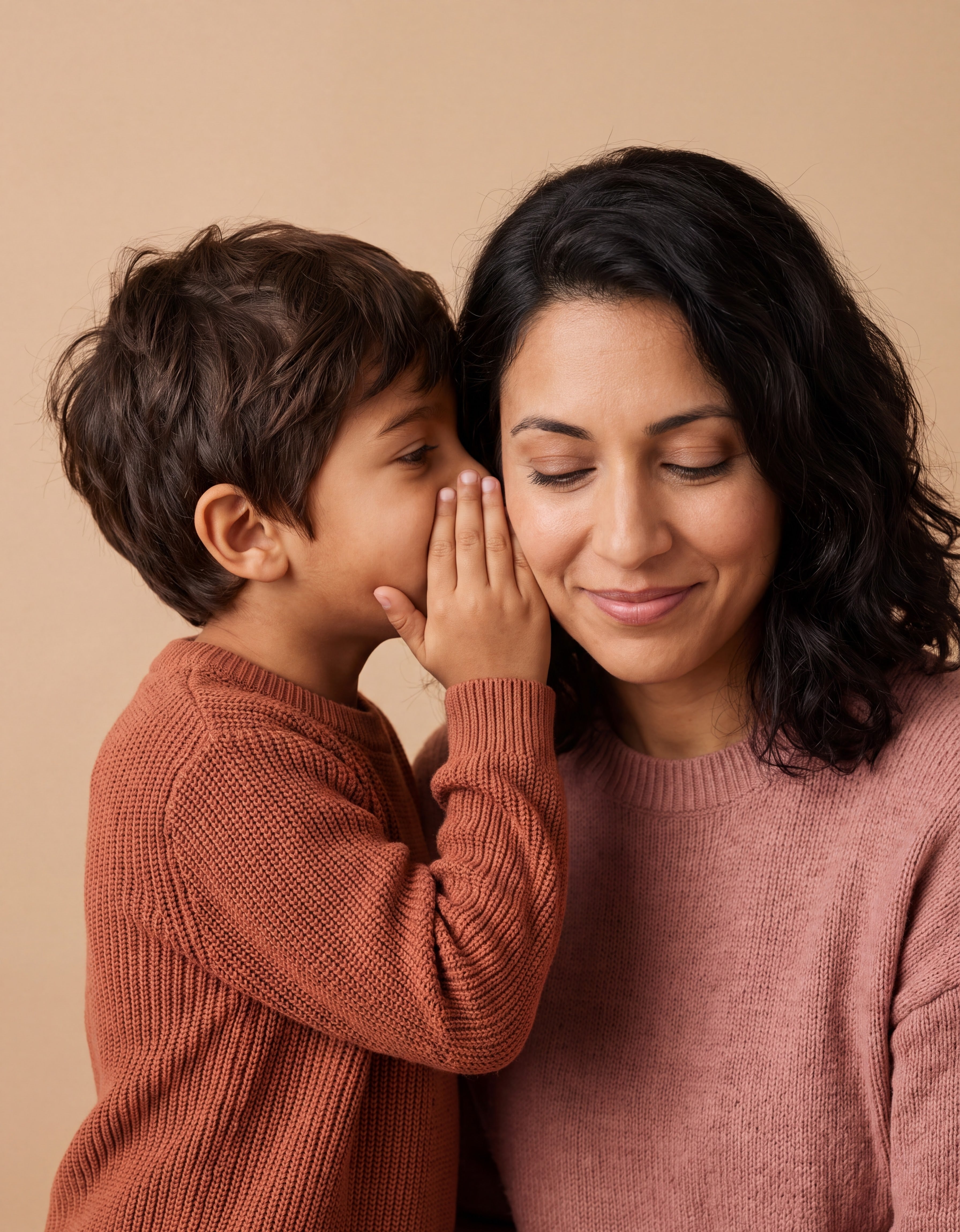 Un niño cuenta un secreto al oído de su madre: cuentos escritos a medida