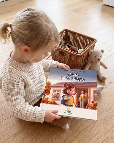 Niña mirando su cuento personalizado en el suelo