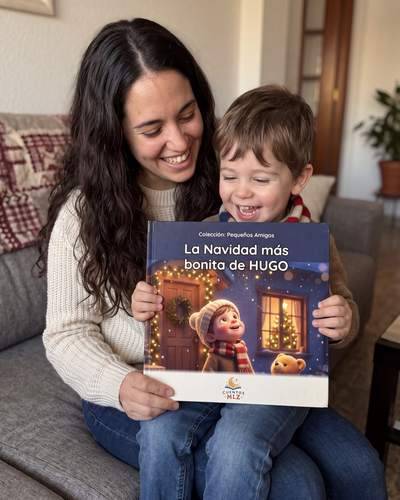 Madre e hijo leyendo el cuento en el sofá