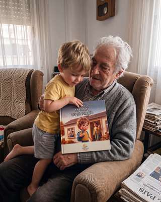 Abuelo y nieto con el cuento en el sillón